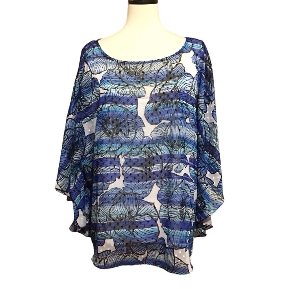 Ruby Rd Woman Blue Sheer Floral Poncho Top 2X